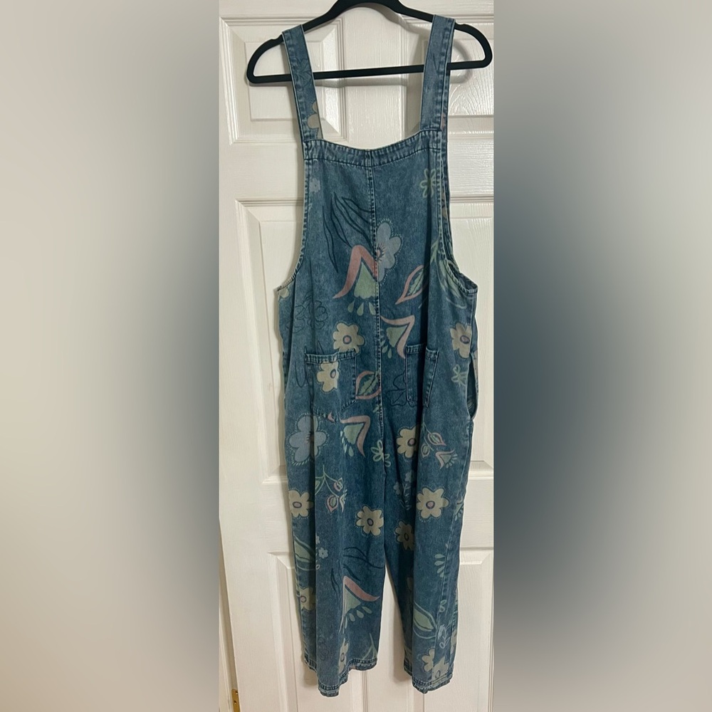 Easel Blue Floral Denim Overalls - Picture 2 of 5